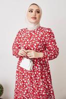 Tesettür giyim KIRMIZI ÇİÇEK DESENLİ KUŞAKLI ELBİSE T 004