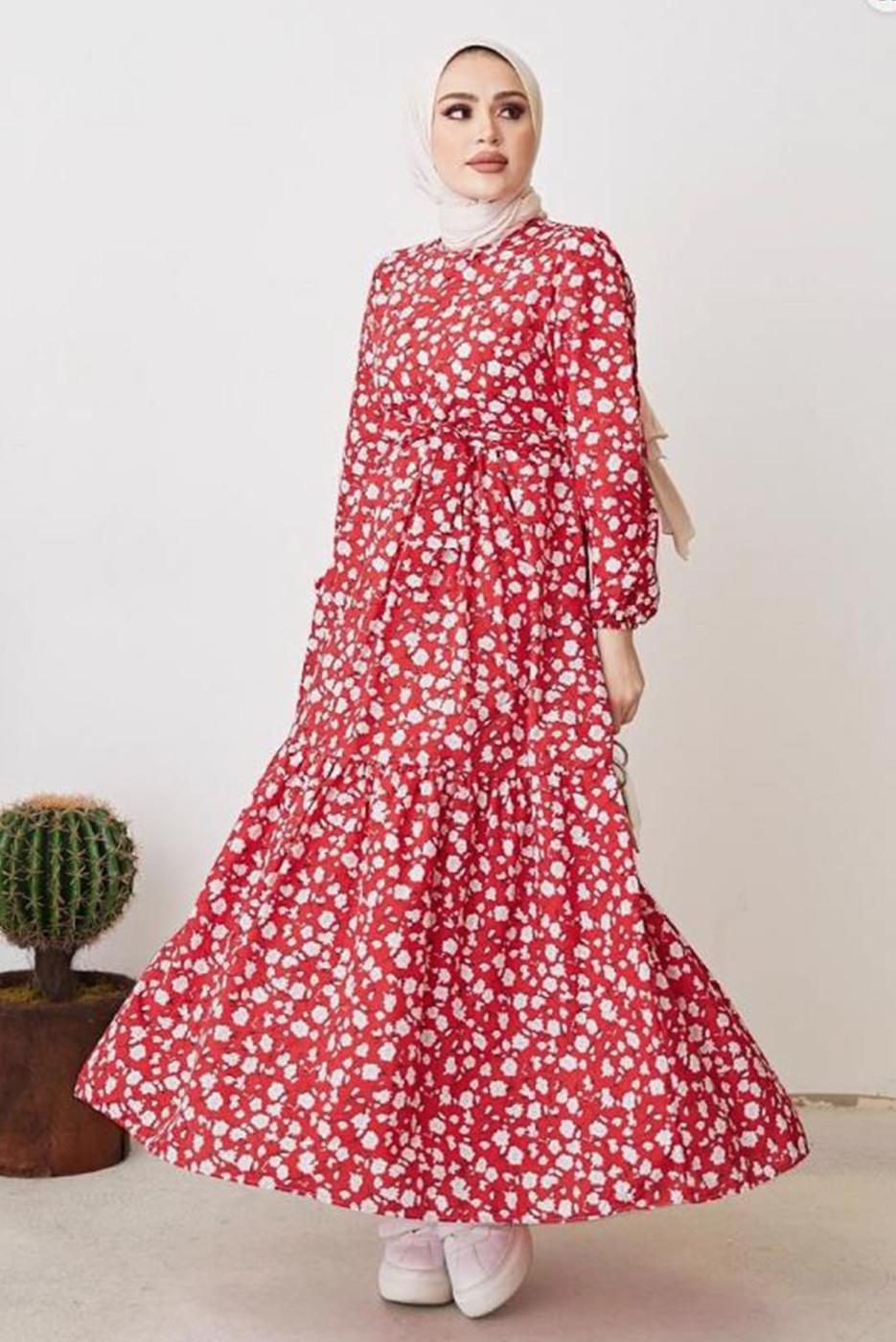 Tesettür giyim KIRMIZI ÇİÇEK DESENLİ KUŞAKLI ELBİSE T 004