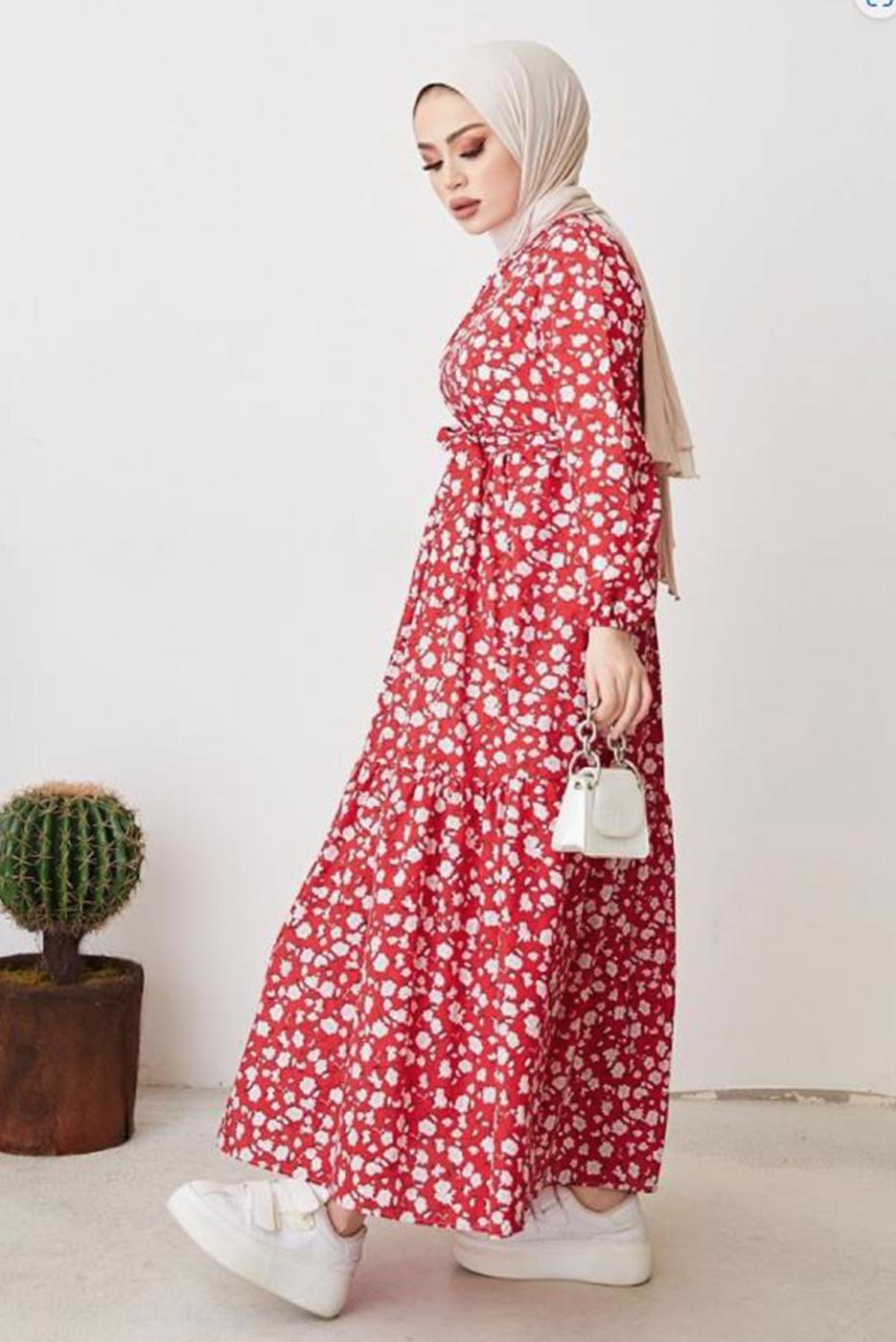 Tesettür giyim KIRMIZI ÇİÇEK DESENLİ KUŞAKLI ELBİSE T 004