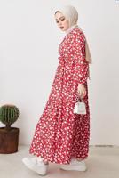 Tesettür giyim KIRMIZI ÇİÇEK DESENLİ KUŞAKLI ELBİSE T 004