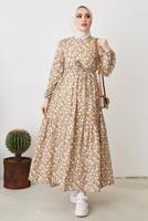 Tesettür giyim KAHVE ÇİÇEK DESENLİ KUŞAKLI ELBİSE T 004