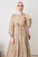Tesettür giyim KAHVE ÇİÇEK DESENLİ KUŞAKLI ELBİSE T 004
