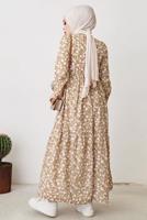 Tesettür giyim KAHVE ÇİÇEK DESENLİ KUŞAKLI ELBİSE T 004