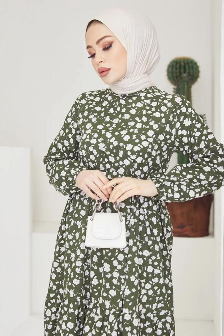 Tesettür giyim HAKİ ÇİÇEK DESENLİ KUŞAKLI ELBİSE T 004