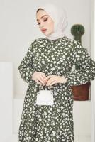 Tesettür giyim HAKİ ÇİÇEK DESENLİ KUŞAKLI ELBİSE T 004