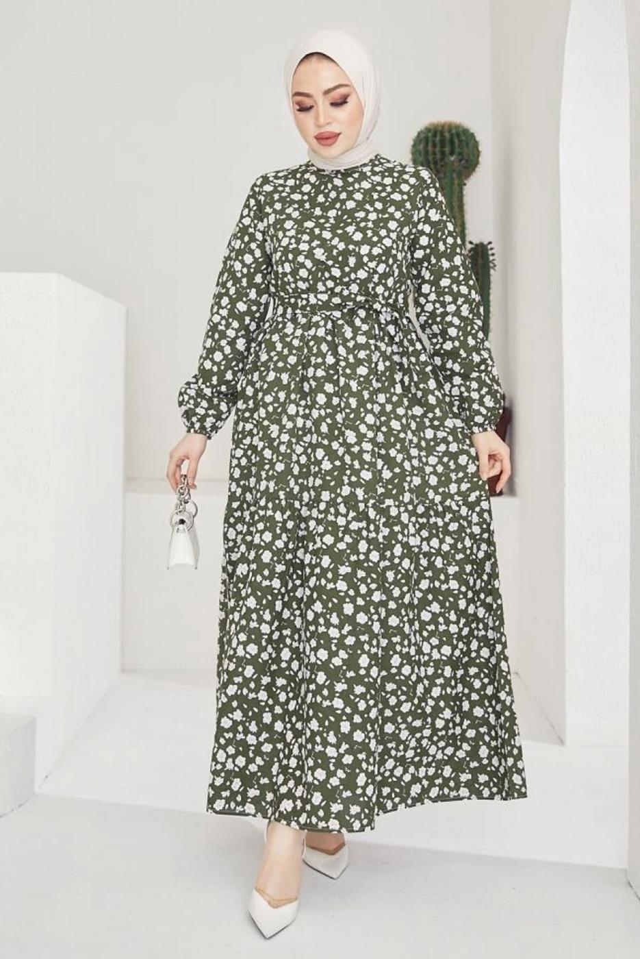 Tesettür giyim HAKİ ÇİÇEK DESENLİ KUŞAKLI ELBİSE T 004