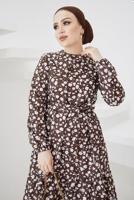 Tesettür giyim KAHVE ÇİÇEK DESENLİ KUŞAKLI ELBİSE T 004