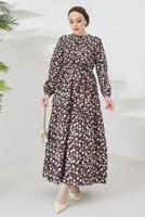 Tesettür giyim KAHVE ÇİÇEK DESENLİ KUŞAKLI ELBİSE T 004