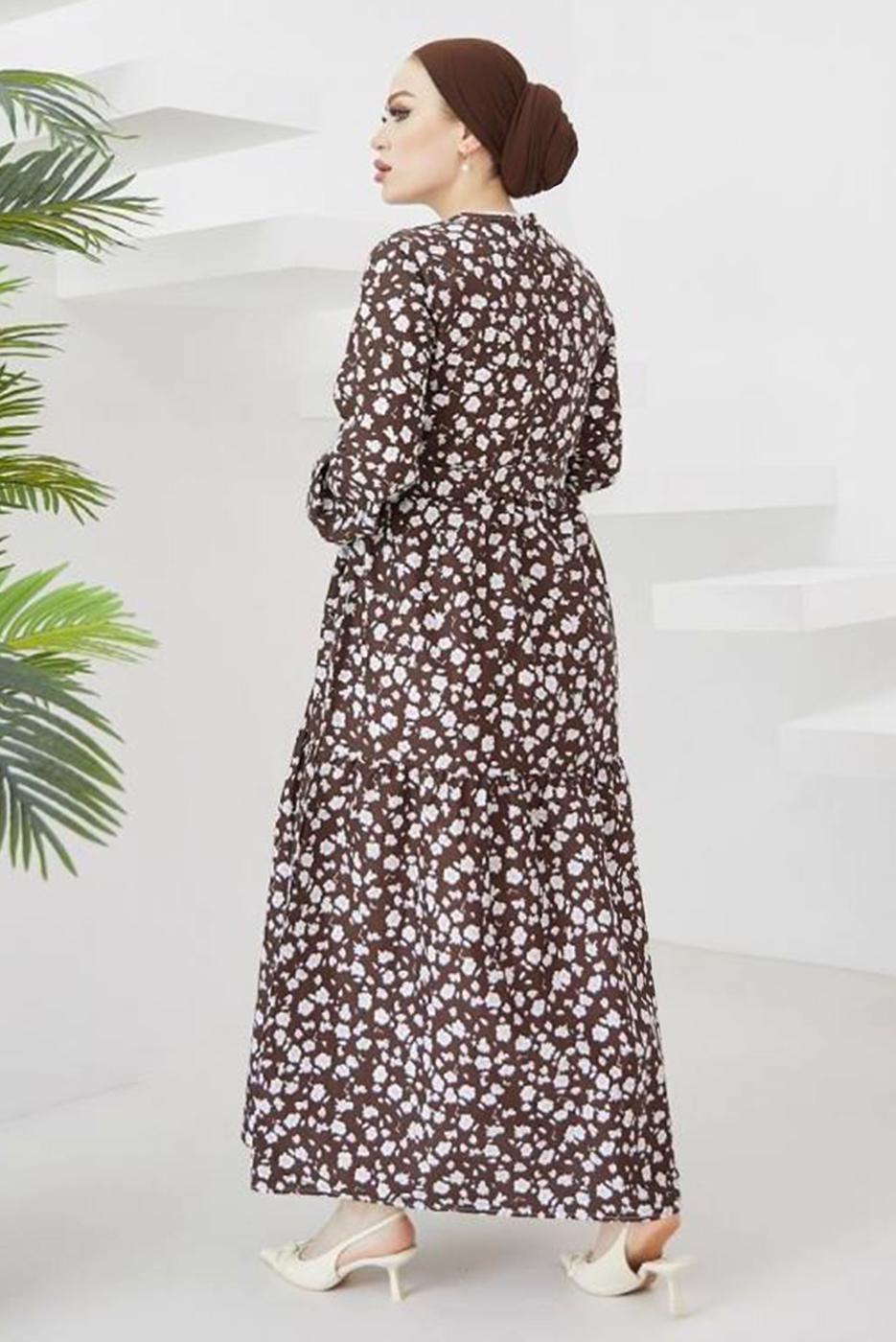 Tesettür giyim KAHVE ÇİÇEK DESENLİ KUŞAKLI ELBİSE T 004