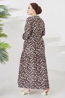 Tesettür giyim KAHVE ÇİÇEK DESENLİ KUŞAKLI ELBİSE T 004