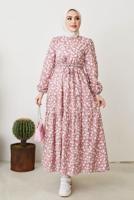 Tesettür giyim PUDRA ÇİÇEK DESENLİ KUŞAKLI ELBİSE T 004