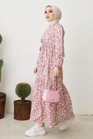 Tesettür giyim PUDRA ÇİÇEK DESENLİ KUŞAKLI ELBİSE T 004