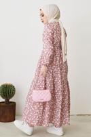 Tesettür giyim PUDRA ÇİÇEK DESENLİ KUŞAKLI ELBİSE T 004