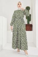 Tesettür giyim YEŞİL ÇİÇEK DESENLİ KUŞAKLI ELBİSE T 004