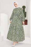 Tesettür giyim YEŞİL ÇİÇEK DESENLİ KUŞAKLI ELBİSE T 004