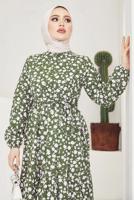 Tesettür giyim YEŞİL ÇİÇEK DESENLİ KUŞAKLI ELBİSE T 004
