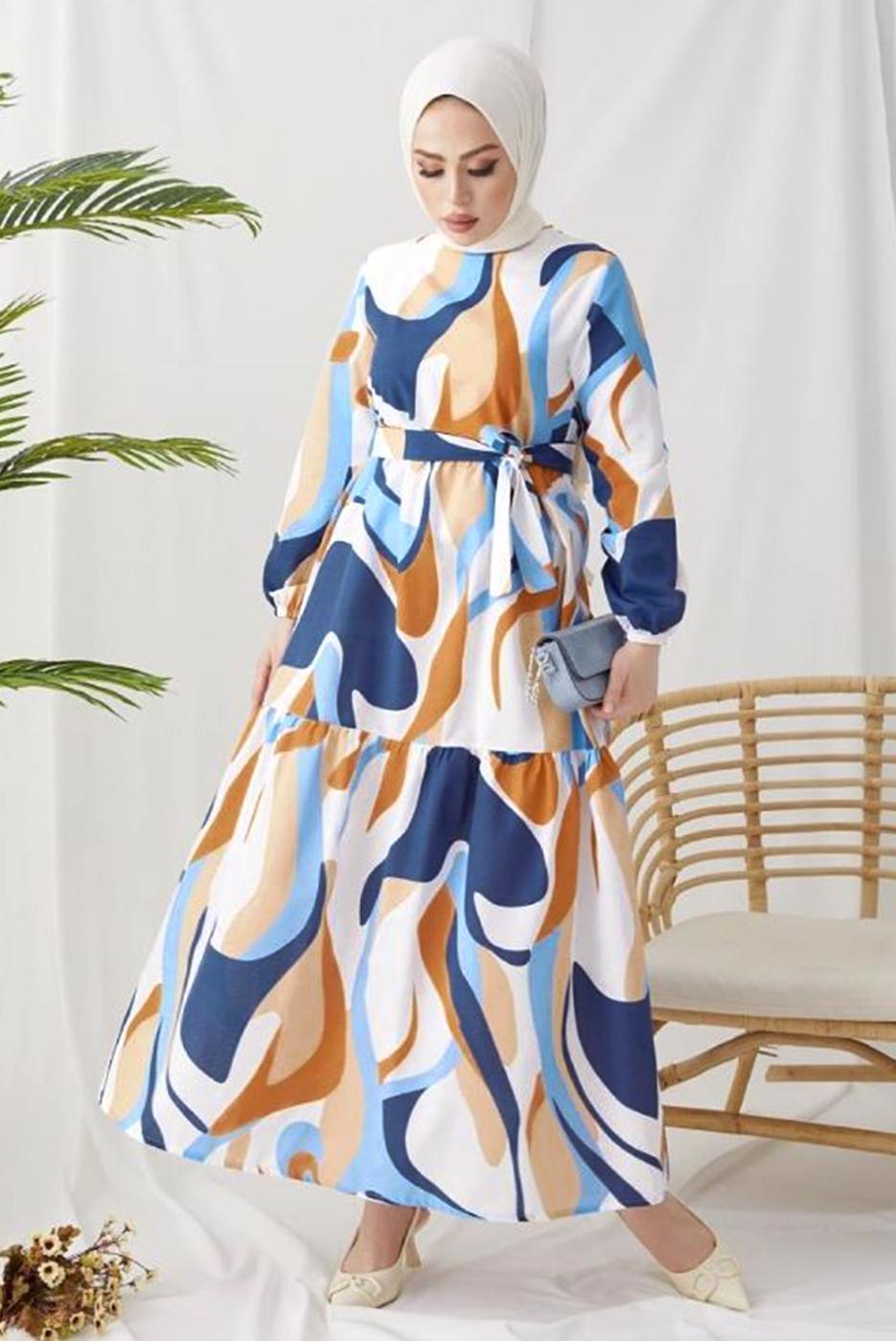 Tesettür giyim MAVİ DESENLİ MANŞETLERİ LASTİKLİ ELBİSE T 024