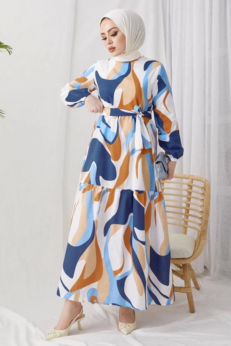 Tesettür giyim MAVİ DESENLİ MANŞETLERİ LASTİKLİ ELBİSE T 024