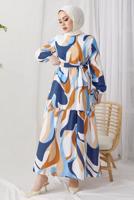 Tesettür giyim MAVİ DESENLİ MANŞETLERİ LASTİKLİ ELBİSE T 024