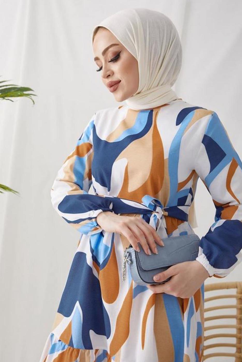 Tesettür giyim MAVİ DESENLİ MANŞETLERİ LASTİKLİ ELBİSE T 024