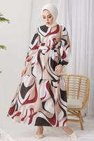 Tesettür giyim BORDO DESENLİ MANŞETLERİ LASTİKLİ ELBİSE T 024
