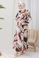 Tesettür giyim BORDO DESENLİ MANŞETLERİ LASTİKLİ ELBİSE T 024