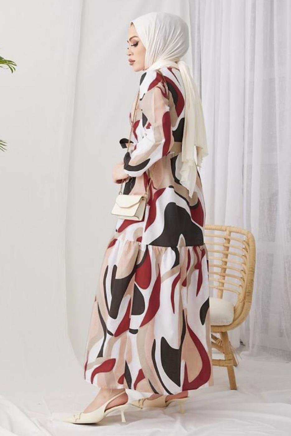 Tesettür giyim BORDO DESENLİ MANŞETLERİ LASTİKLİ ELBİSE T 024