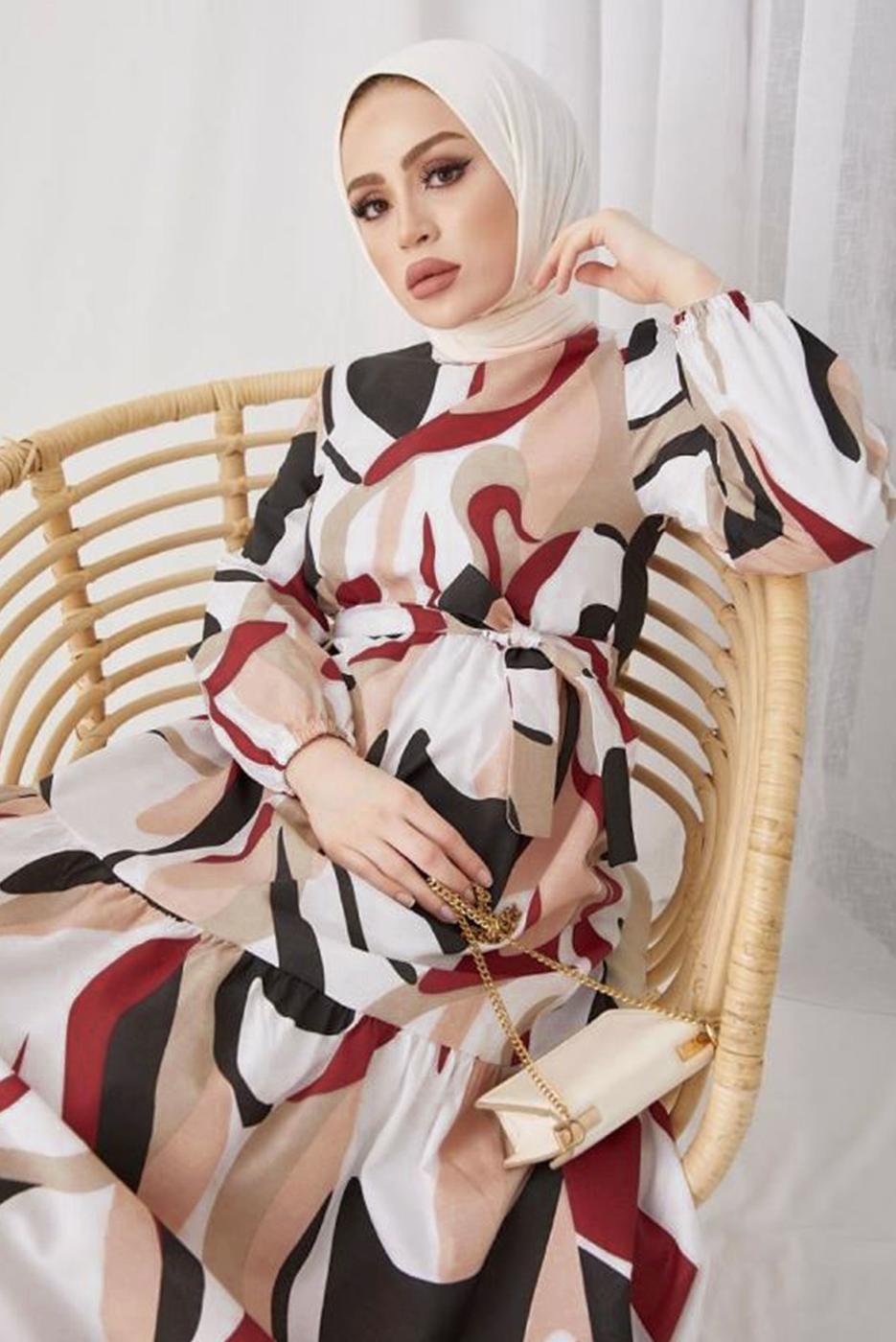 Tesettür giyim BORDO DESENLİ MANŞETLERİ LASTİKLİ ELBİSE T 024