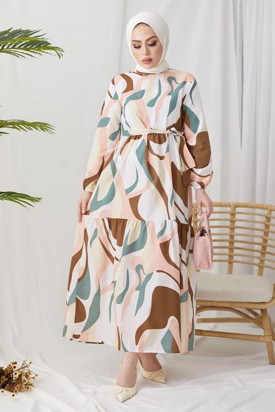 Tesettür giyim KAHVE DESENLİ MANŞETLERİ LASTİKLİ ELBİSE T 024