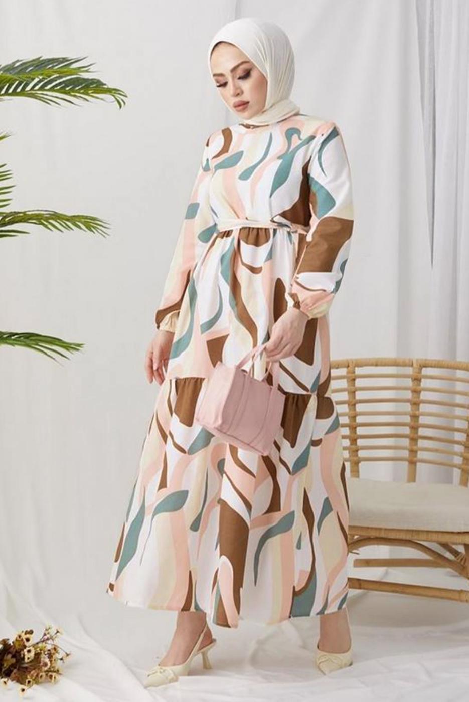 Tesettür giyim KAHVE DESENLİ MANŞETLERİ LASTİKLİ ELBİSE T 024