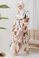 Tesettür giyim KAHVE DESENLİ MANŞETLERİ LASTİKLİ ELBİSE T 024