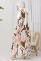 Tesettür giyim KAHVE DESENLİ MANŞETLERİ LASTİKLİ ELBİSE T 024