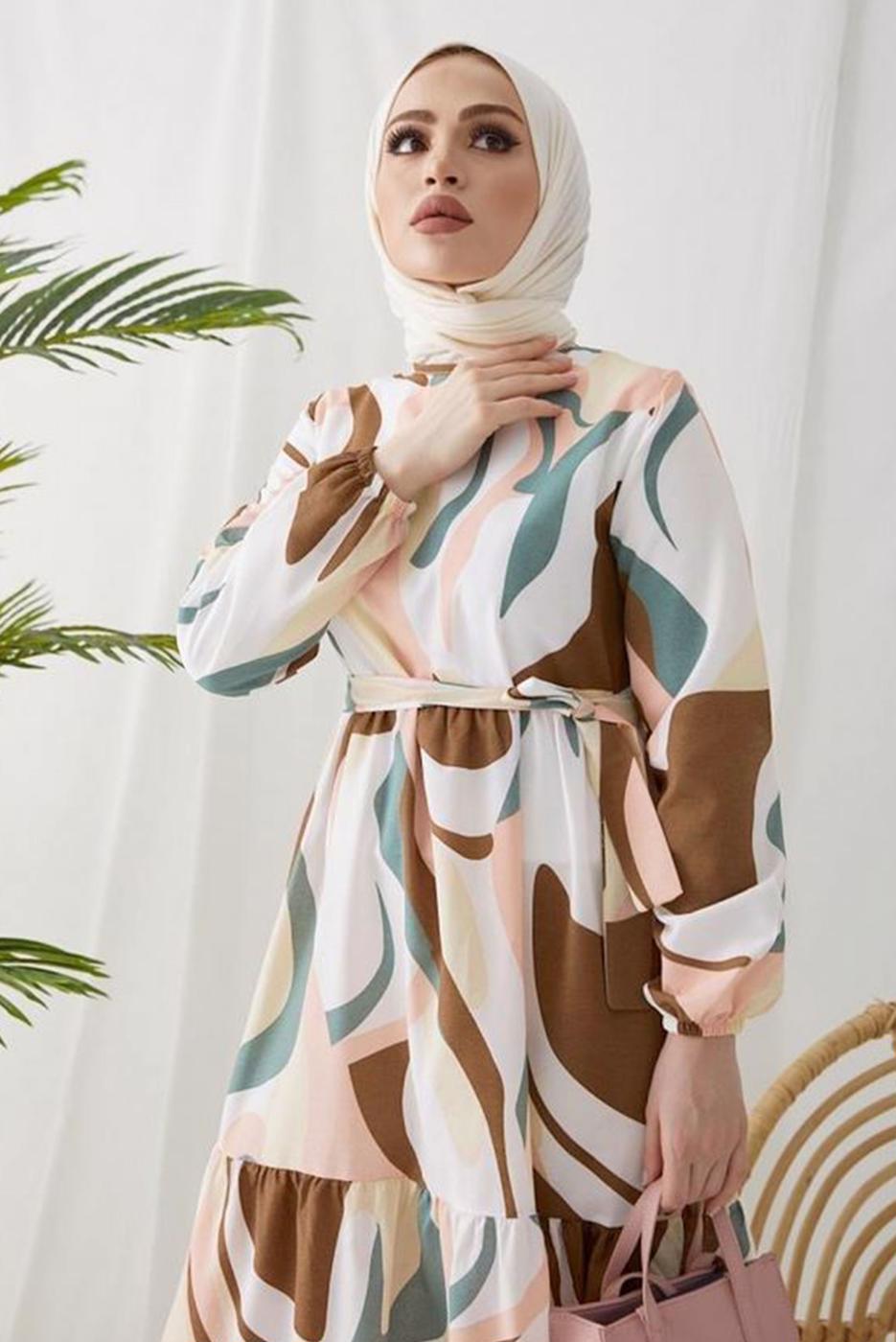Tesettür giyim KAHVE DESENLİ MANŞETLERİ LASTİKLİ ELBİSE T 024