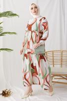 Tesettür giyim YEŞİL DESENLİ MANŞETLERİ LASTİKLİ ELBİSE T 024