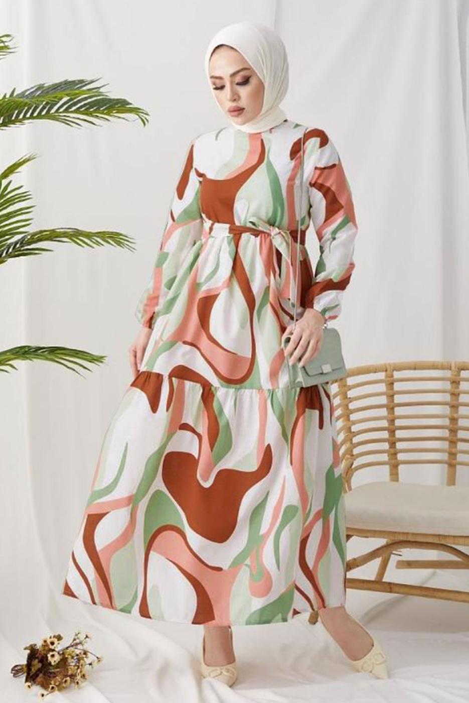 Tesettür giyim YEŞİL DESENLİ MANŞETLERİ LASTİKLİ ELBİSE T 024