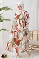 Tesettür giyim YEŞİL DESENLİ MANŞETLERİ LASTİKLİ ELBİSE T 024