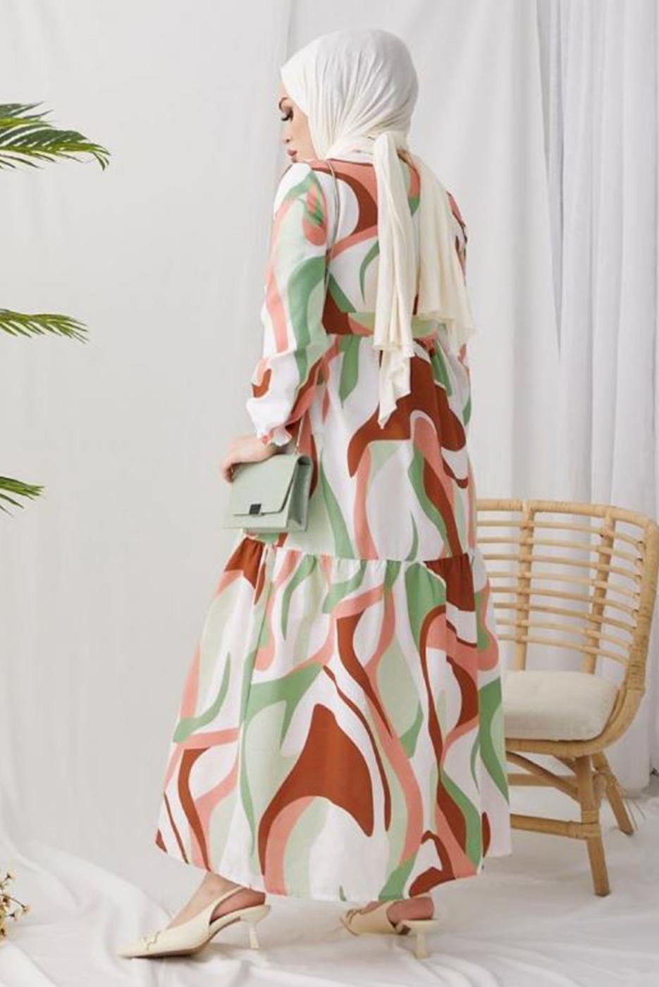 Tesettür giyim YEŞİL DESENLİ MANŞETLERİ LASTİKLİ ELBİSE T 024