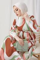 Tesettür giyim YEŞİL DESENLİ MANŞETLERİ LASTİKLİ ELBİSE T 024