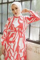 Tesettür giyim MERCAN DESENLİ MANŞETLERİ LASTİKLİ ELBİSE T 034