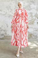 Tesettür giyim MERCAN DESENLİ MANŞETLERİ LASTİKLİ ELBİSE T 034