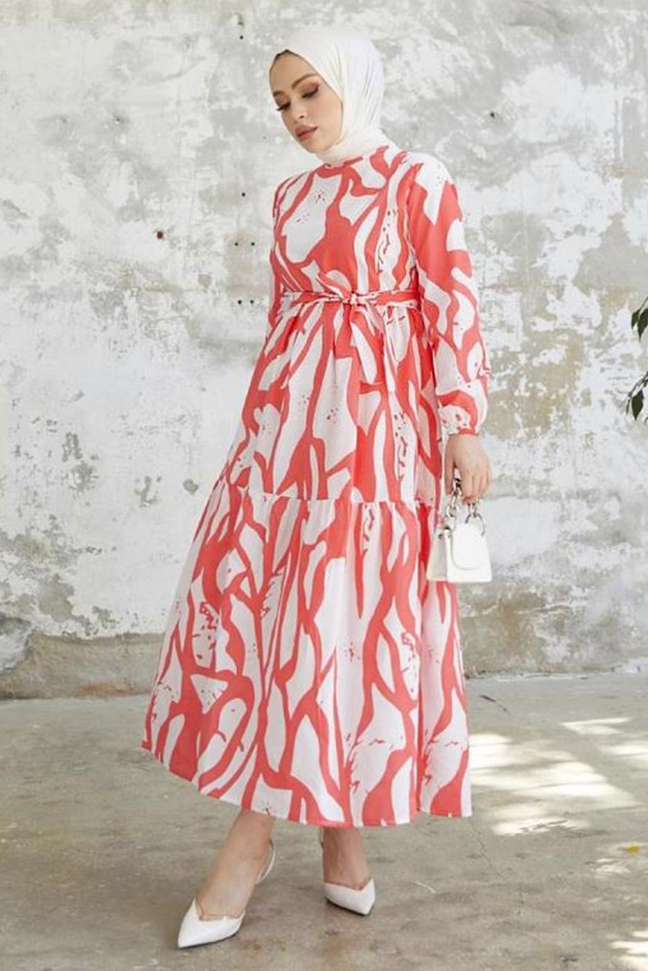 Tesettür giyim MERCAN DESENLİ MANŞETLERİ LASTİKLİ ELBİSE T 034