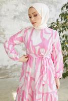 Tesettür giyim PUDRA DESENLİ MANŞETLERİ LASTİKLİ ELBİSE T 034