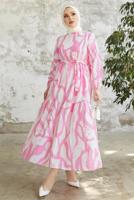 Tesettür giyim PUDRA DESENLİ MANŞETLERİ LASTİKLİ ELBİSE T 034