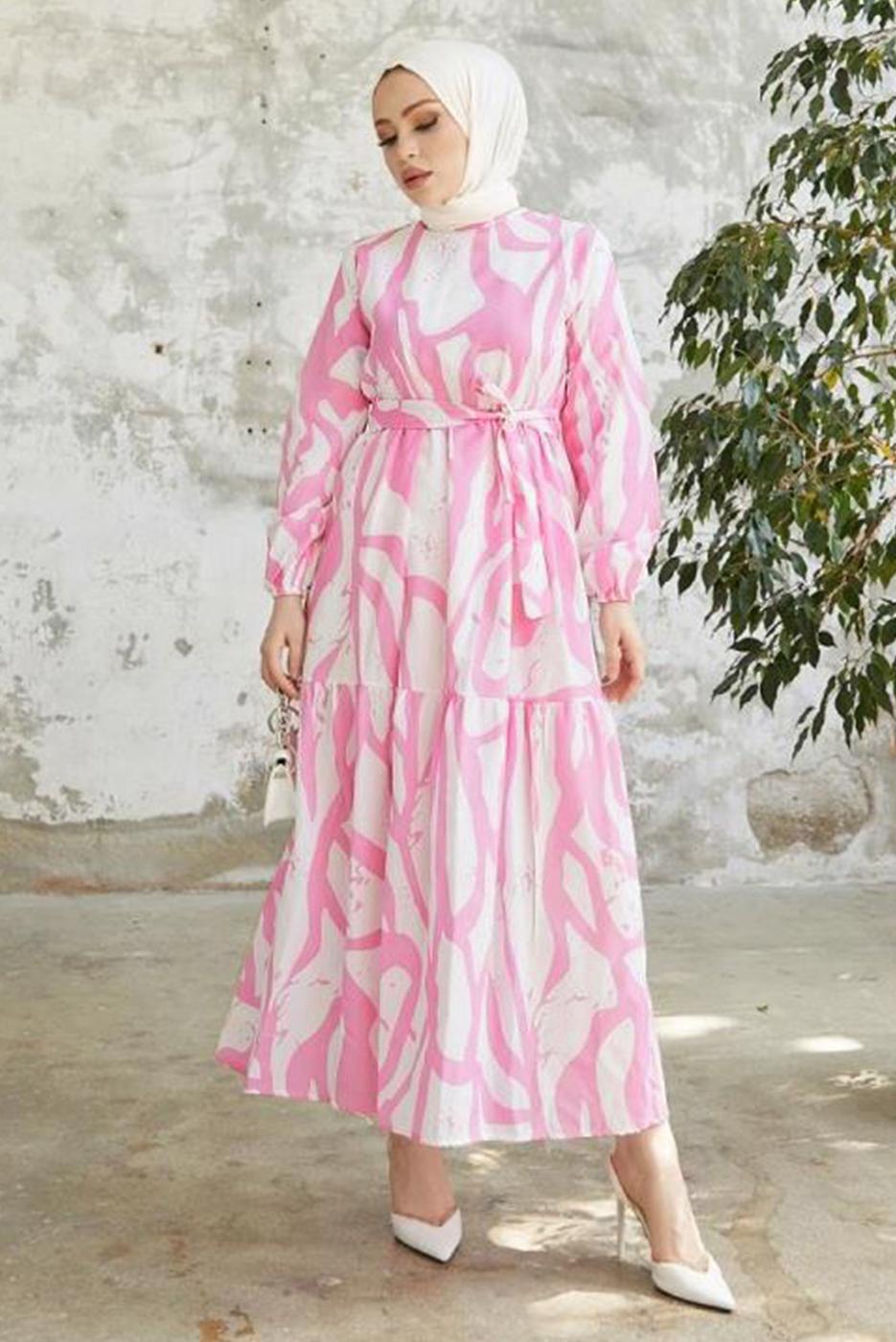 Tesettür giyim PUDRA DESENLİ MANŞETLERİ LASTİKLİ ELBİSE T 034