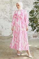 Tesettür giyim PUDRA DESENLİ MANŞETLERİ LASTİKLİ ELBİSE T 034