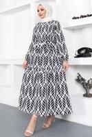 Tesettür giyim SİYAH KUŞAKLI YAPRAK DESENLİ ELBİSE T 044