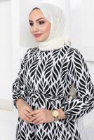 Tesettür giyim SİYAH KUŞAKLI YAPRAK DESENLİ ELBİSE T 044