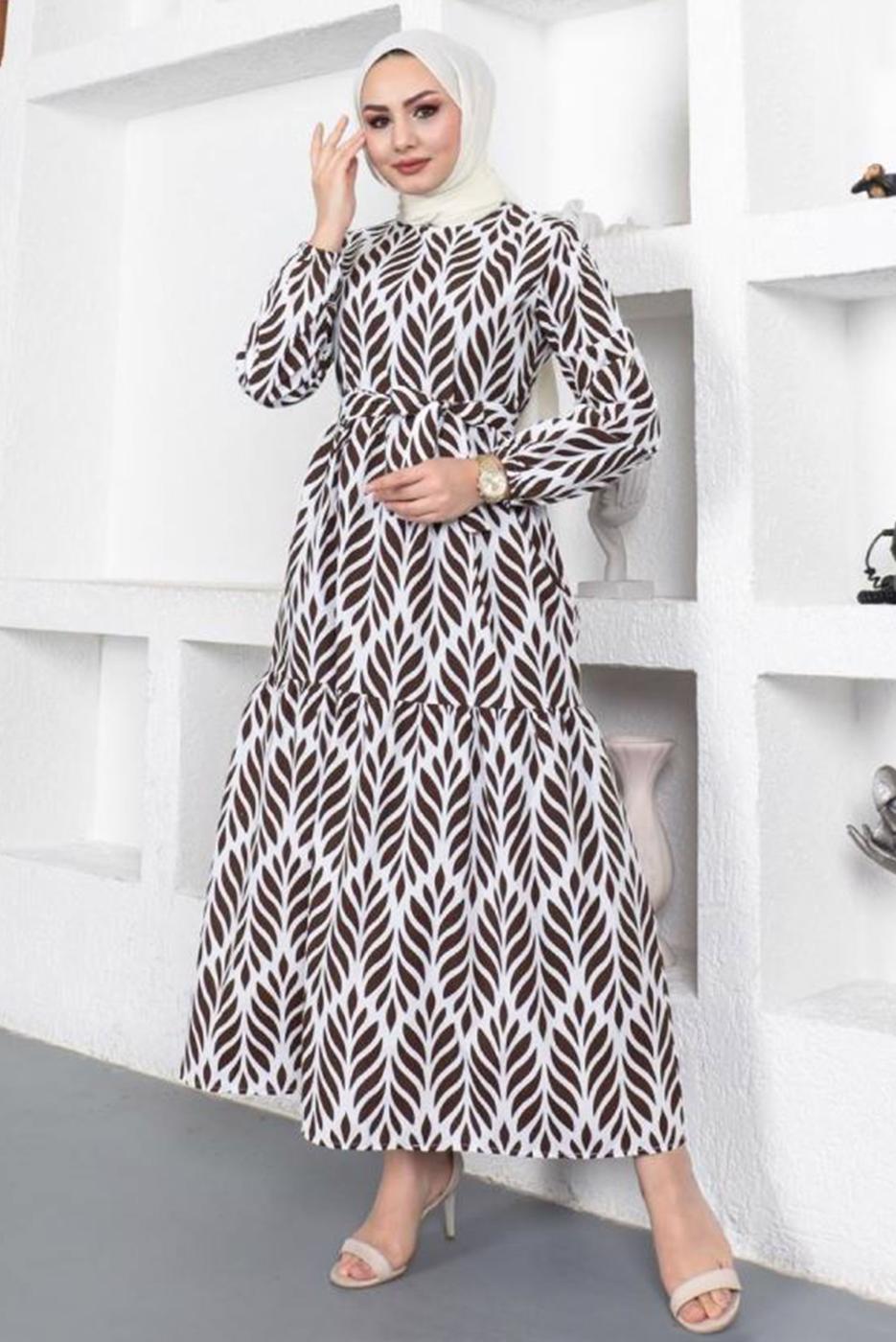 Tesettür giyim KAHVE KUŞAKLI YAPRAK DESENLİ ELBİSE T 044