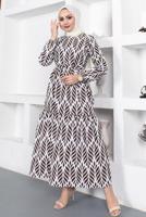 Tesettür giyim KAHVE KUŞAKLI YAPRAK DESENLİ ELBİSE T 044