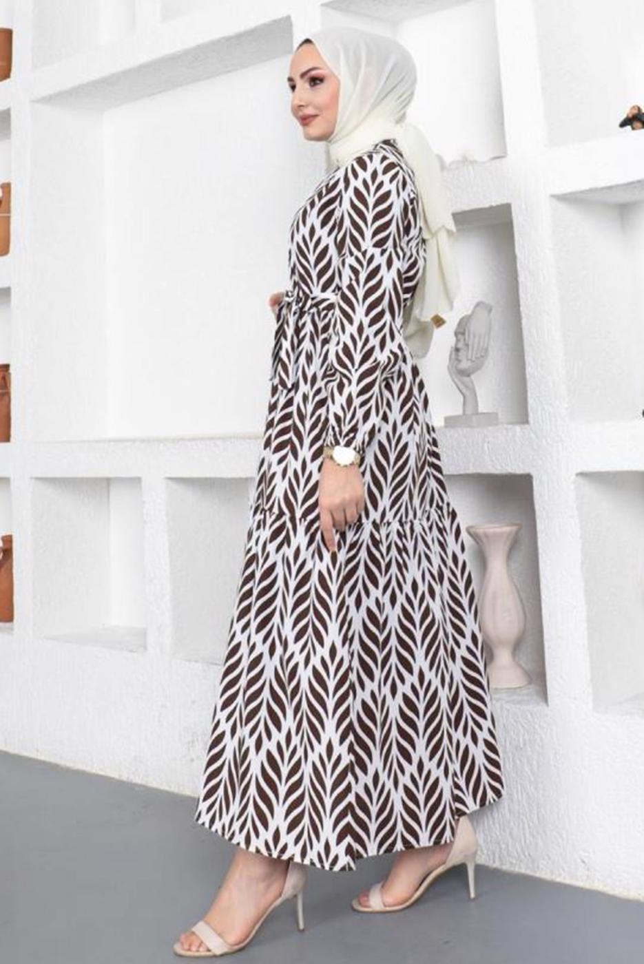 Tesettür giyim KAHVE KUŞAKLI YAPRAK DESENLİ ELBİSE T 044
